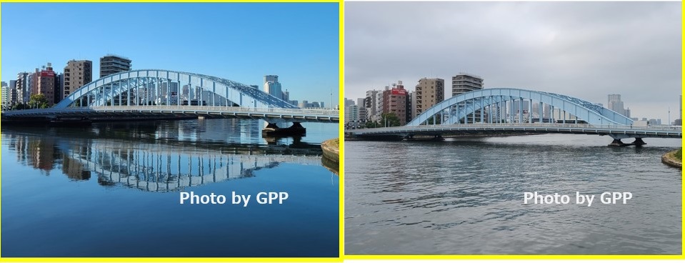 Condition 2: Balance between the ebb and flow of the tide and the flow of the river Sumida River has become a big mirror!