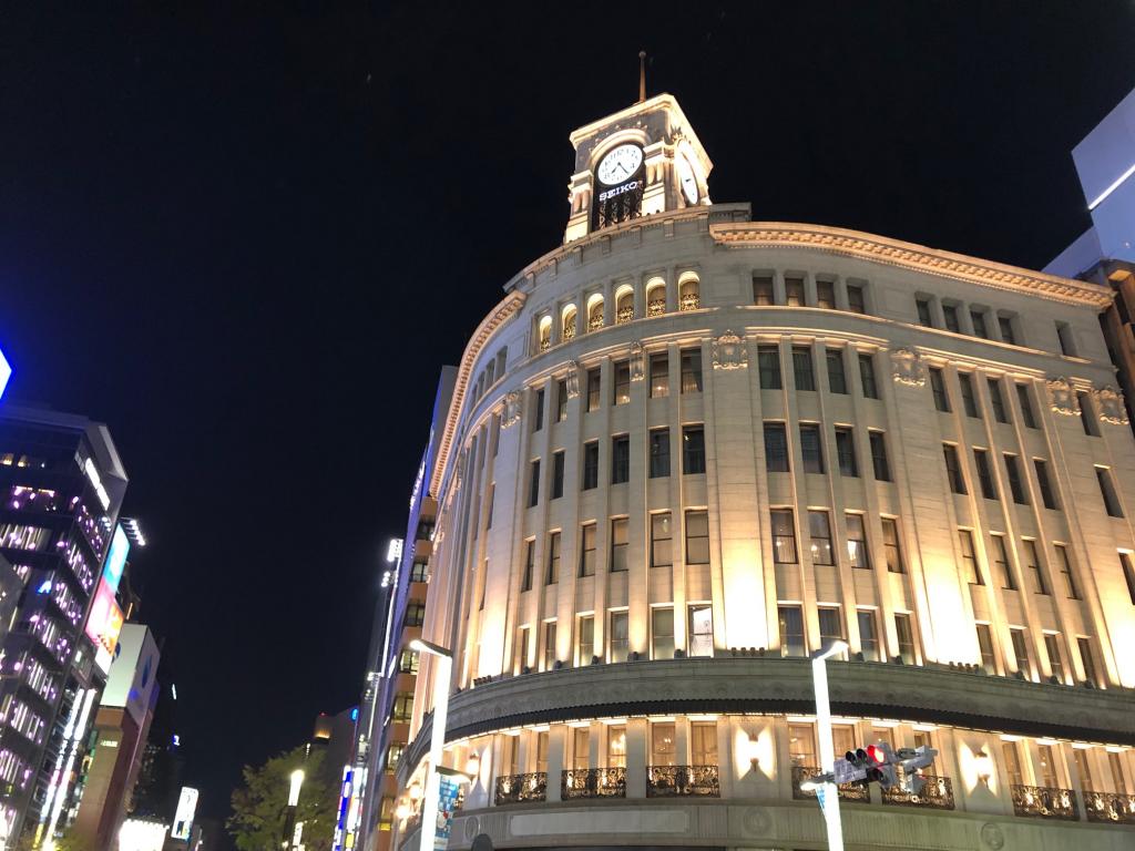 North corner: Wako Main Building (formerly Hattori Clock Store Headquarters Building) The four corners of Ginza (Yotsukado) square in Ginza