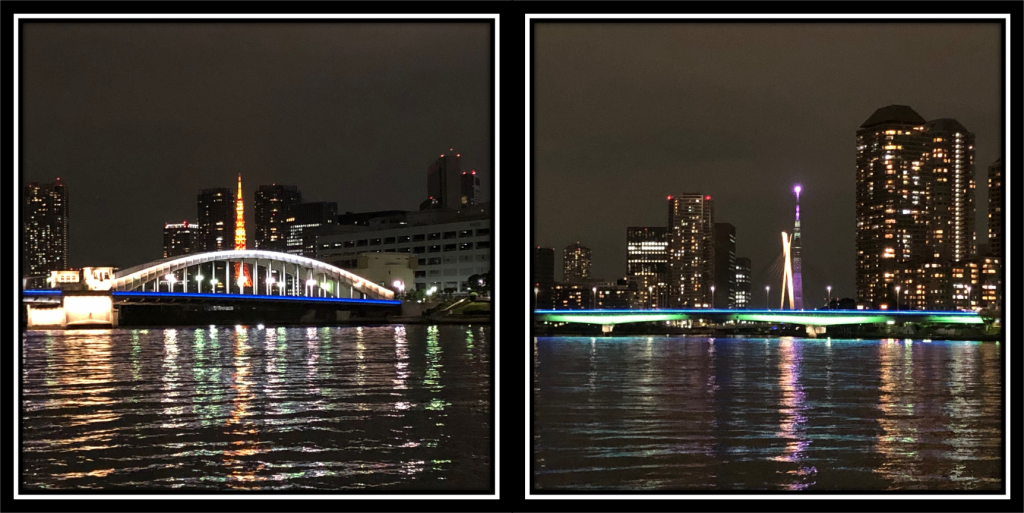 The tower to the left and the tree to the right (in the middle of Kachidokibashi and Tsukuda-ohashi Bridge) cross the Tsukishima River and see the two towers.