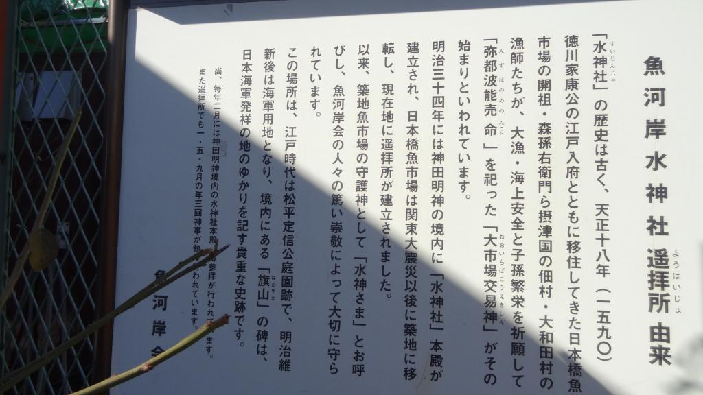 Explanation of Uogawagishimizu Shrine Haruka worship place and "Hagiyama" by Fish Bank Association History of Navy from Warship Training Center Tsukiji Stroll: (Looking encyclopedia)
