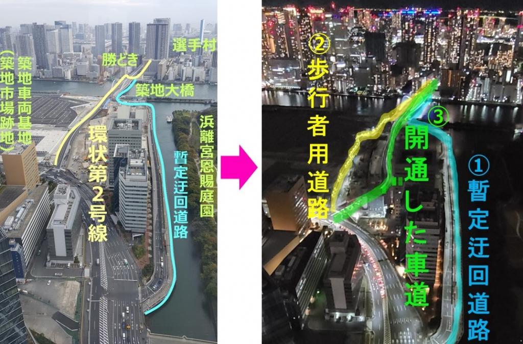 A new roadway was built in the middle, and two roads were built. → Will the main line of Loop Route 2 finally open to 3? (formerly Tsukiji Market)