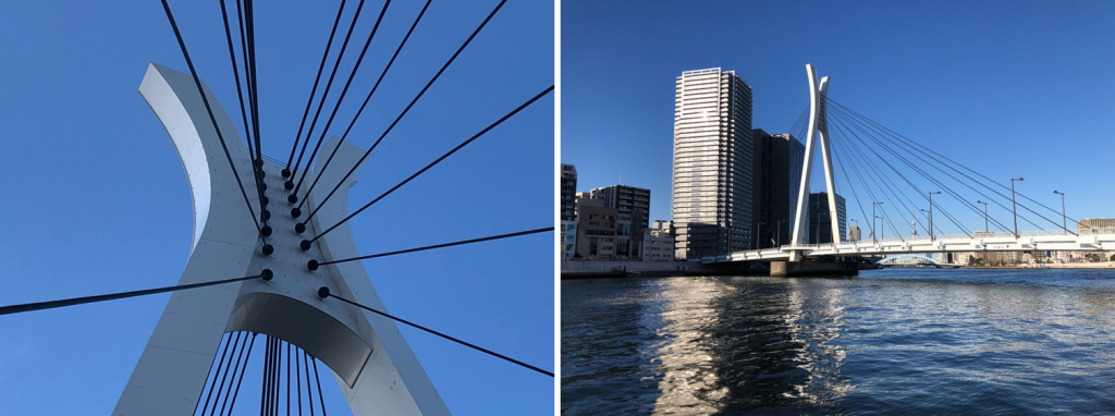 The two main towers of Chuo-ohashi Bridge shining in the blue sky @ Chuo-ku