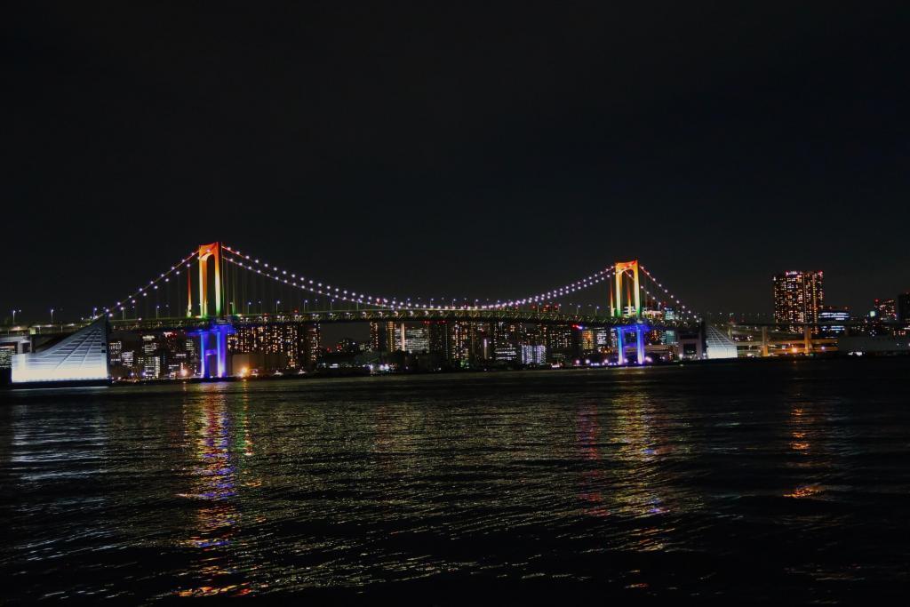 The night view of Chuo-ku seen from the opposite shore of Rainbow Bridge shining in Rainbow