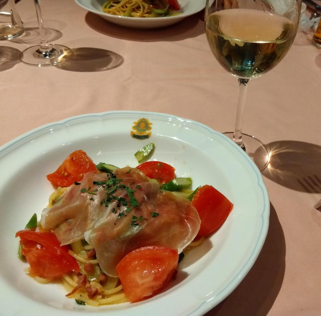 Pasta is served with seasonal asparagus, tomato and procured ham, La Terrazza SABATINI, Tokyo Midtown Yaesu Italian gastronomy