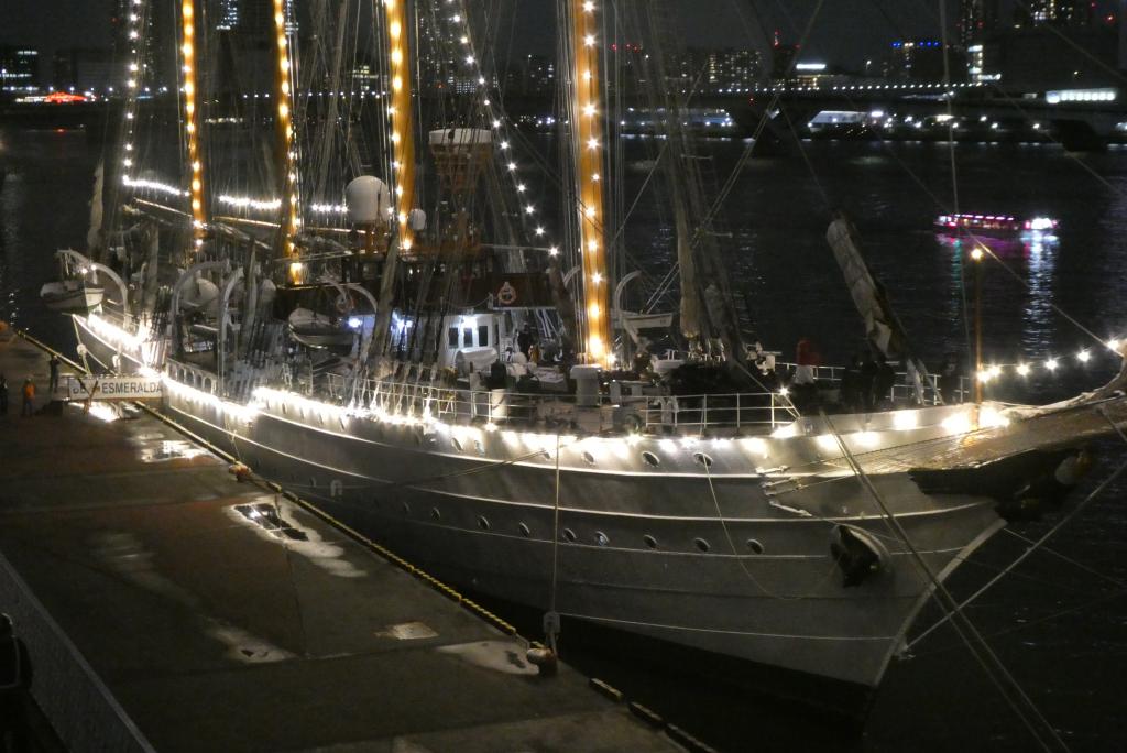 At night, illuminations are lit and a port call at Esmeralda Harumi, a large sailboat in Chile.